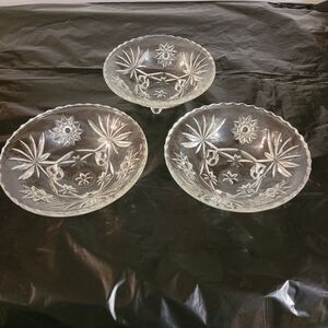 set of 3 Anchor Hocking early American precut 3 feet candy/nut/relish dishes